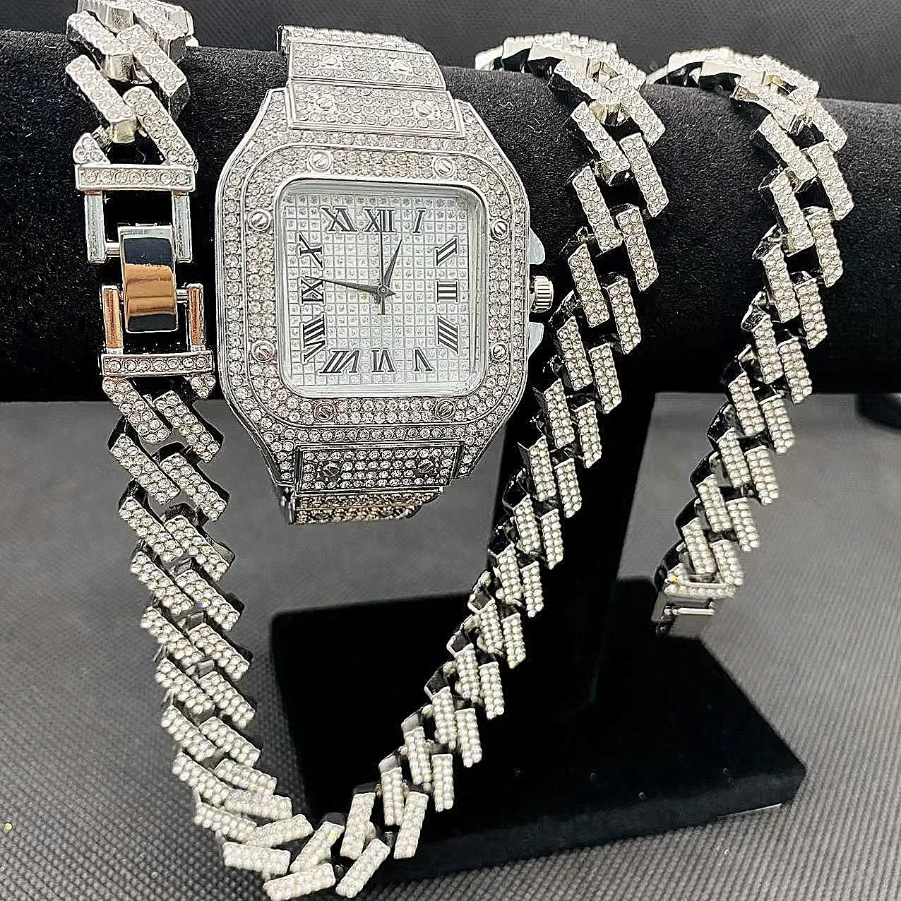 

3 шт., хип-хоп для мужчин, часы Iced Out, ожерелья, браслеты, блестящие кубинские цепочки, колье, бриллиантовые золотые часы, африканский комплект ювелирных изделий