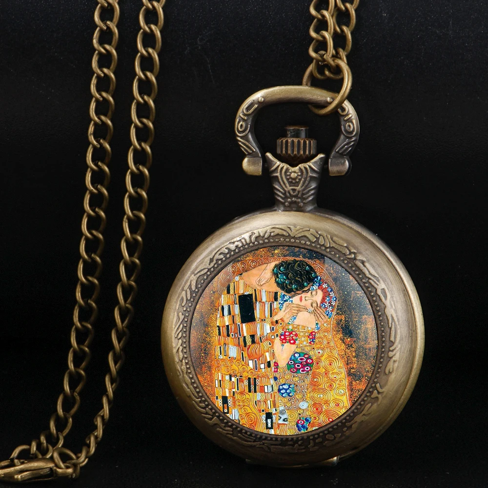 Retro Kiss Gustav Klimt Design Theme Pattern Bronze Pocket Watch Women Men Pendant Necklace Jewelry Watches Gift