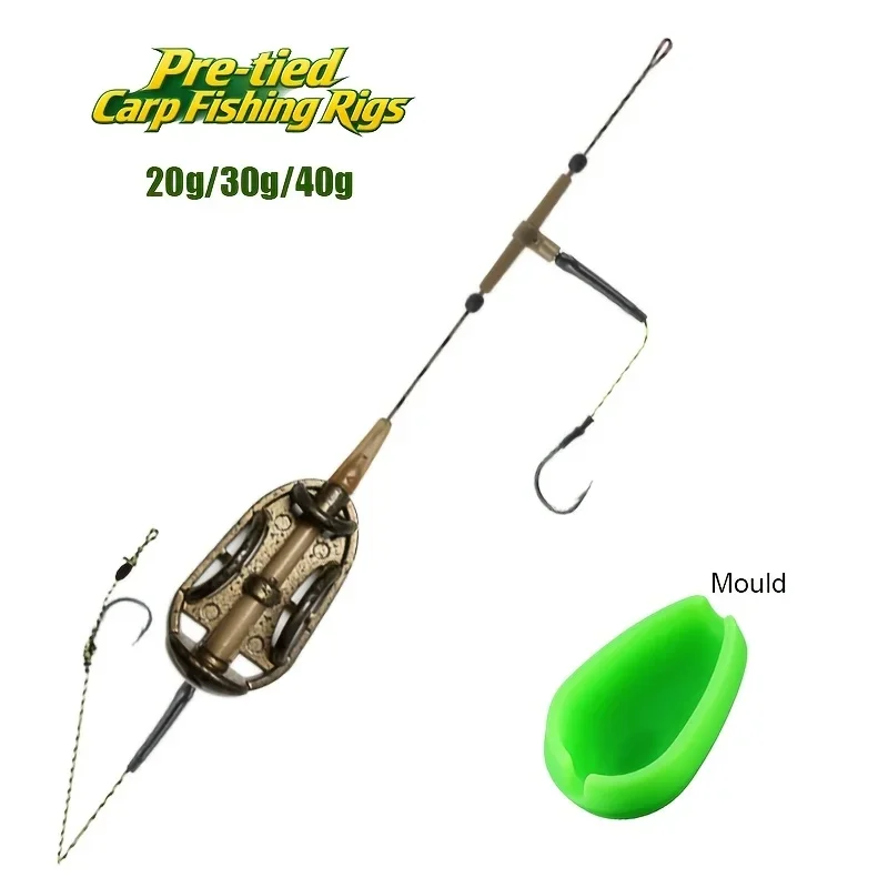 Pre-tied Carp Fishing Rigs,Zinc Alloy Method Feeder with Double Hooks Hair Rig and Quick Release Mould
