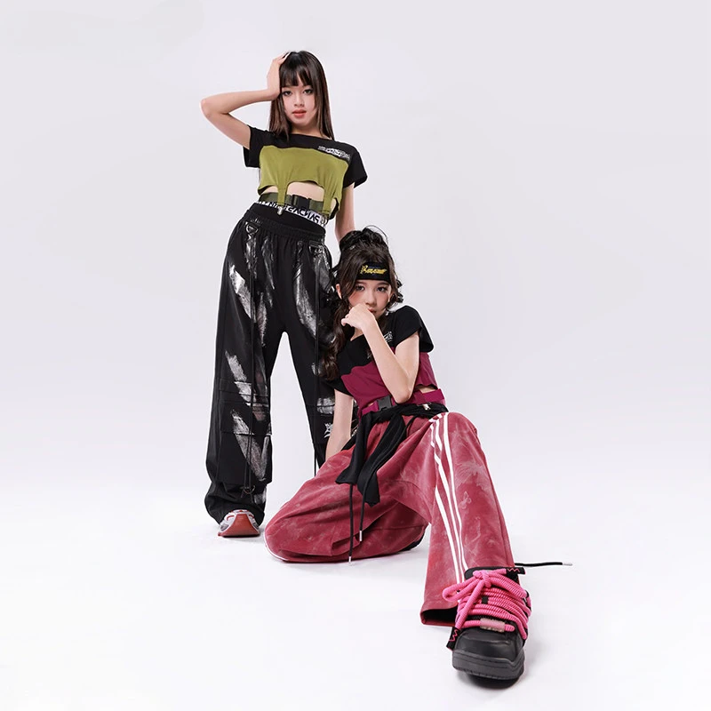 New Hip Hop Girls Kpop Dance Clothes Sets Jazz Dance Costumes Crop Tops Baggy Pants Ballroom Practice Clothing Performance Wear
