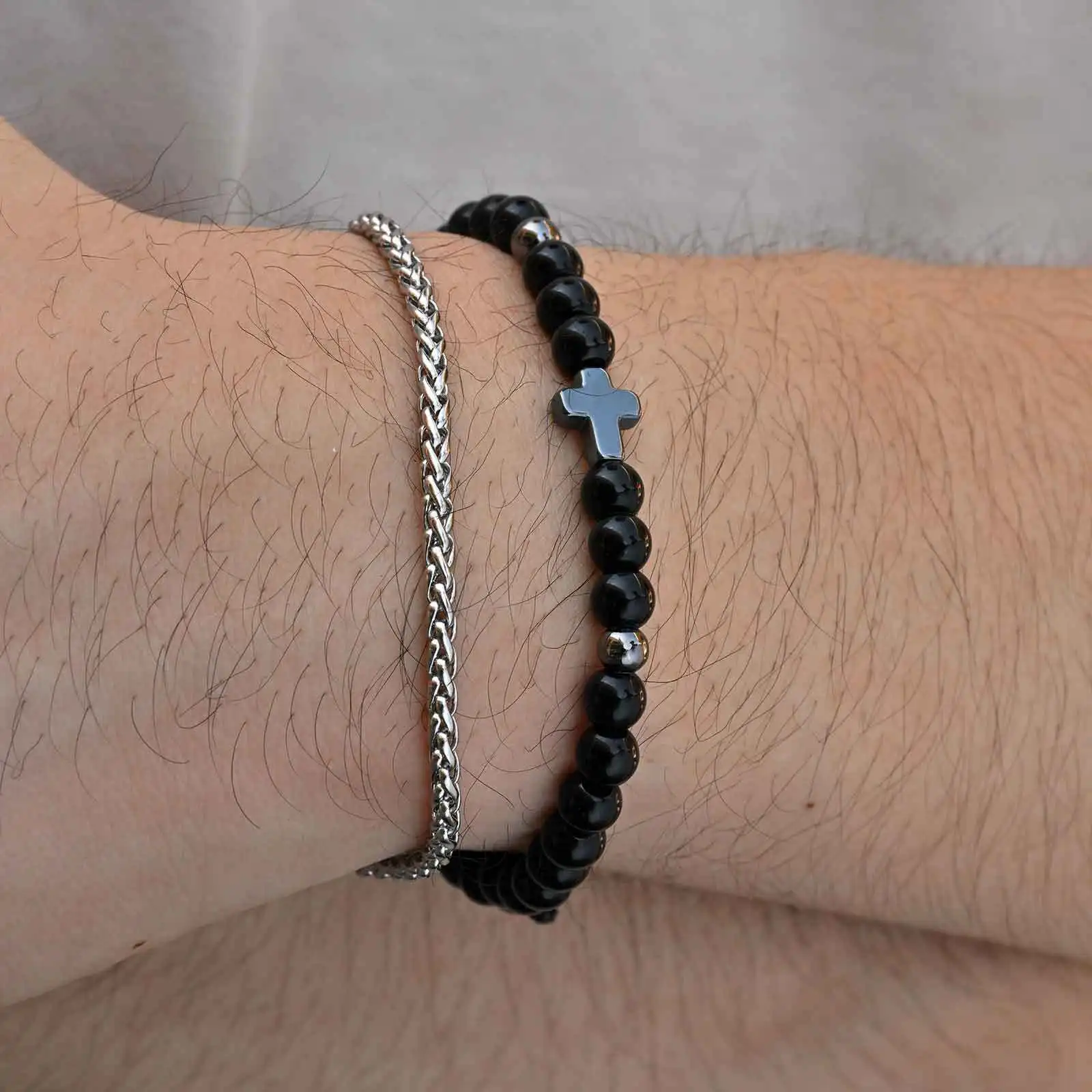 

Stacked Bracelet for Men Boys,Cross Charm Black Natural Bead Adjustable Wristband,Birthday Party Gift for Him