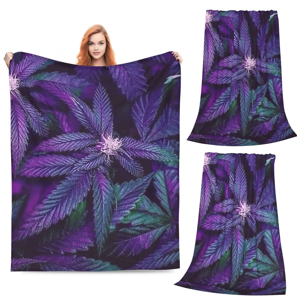 

Psychedelic Purple Cannabis Marijuana Weed Pot Leaves Blankets Flannel Sofa Throw Blankets for Home Bedroom Office
