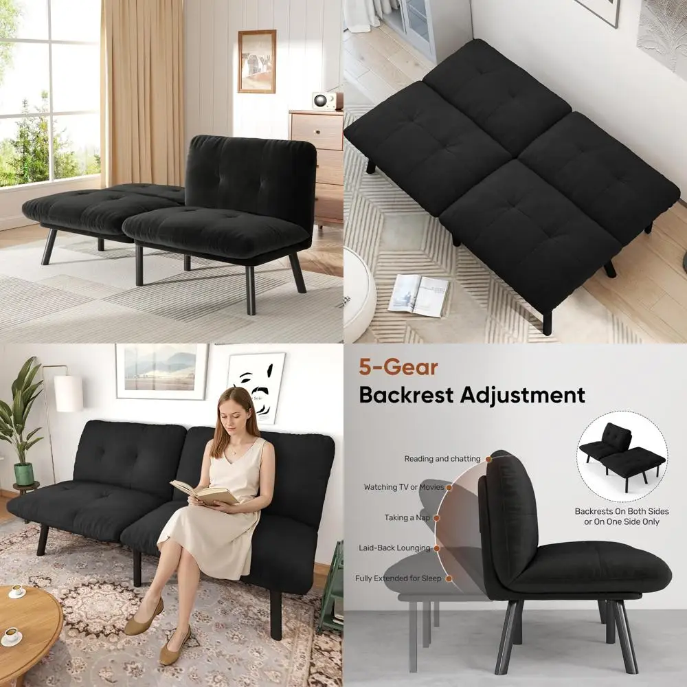 Sofá futón con respaldo ajustable, sofá cama con cojín grueso y tela de terciopelo para sala de estar, salón y dos plazas en Depar