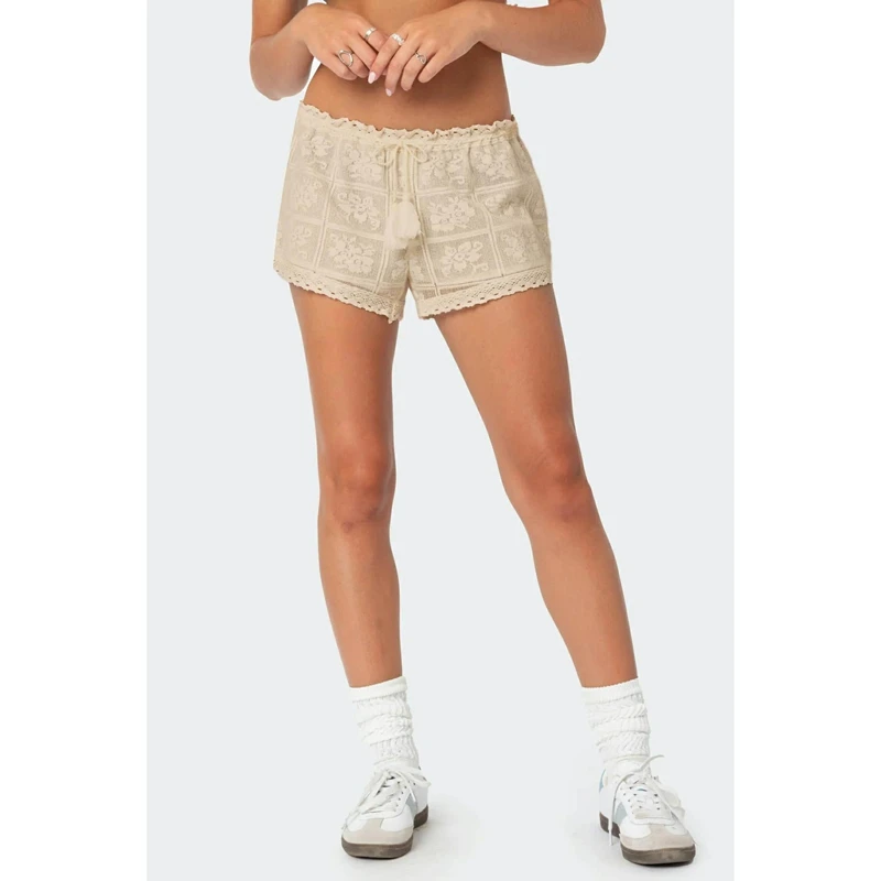 Damskie szorty patchworkowe z koronkowym wykończeniem w kwiaty, letnie, jednolite, w kwiaty i kratę, ze sznurkiem i frędzlami.