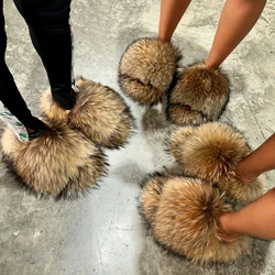 Woo Spikes Luxury Fur Slippers Women Round Toe Mongolian Fur Slides Woman Shoes Women Flat Half Slippers