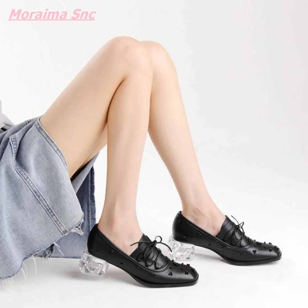 

2022 New Fashion Women Shoes Genuine Leather Lace-up Crystal Mid Heel Square Toe Rhinestone Plus Size Comfortable Office Fashion