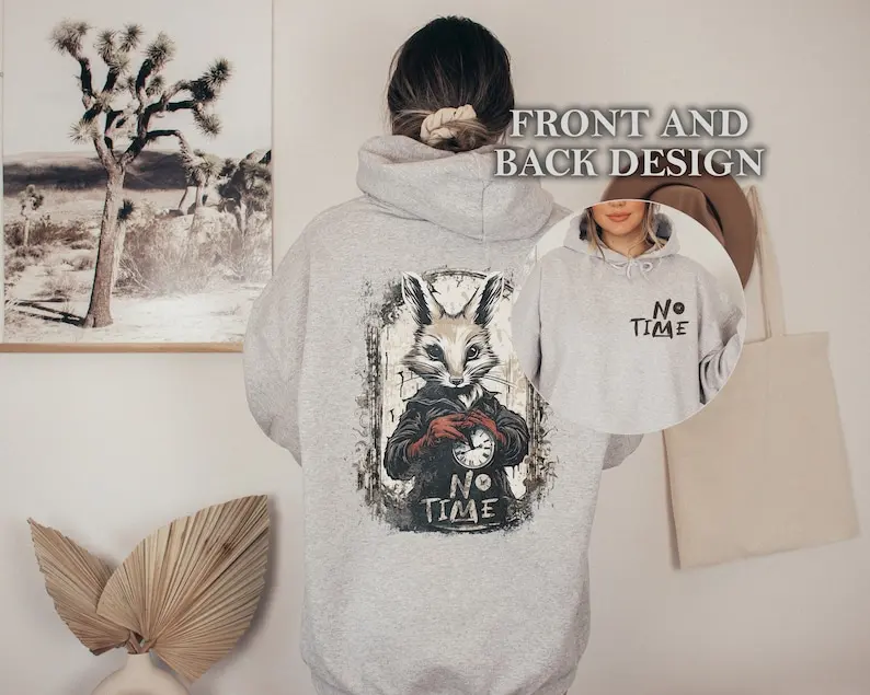 Alice in Wonderland Inspired No Time Hoodie Rabbit Clock Sweater Whimsigoth Streetwear Clothing Bunny Grunge