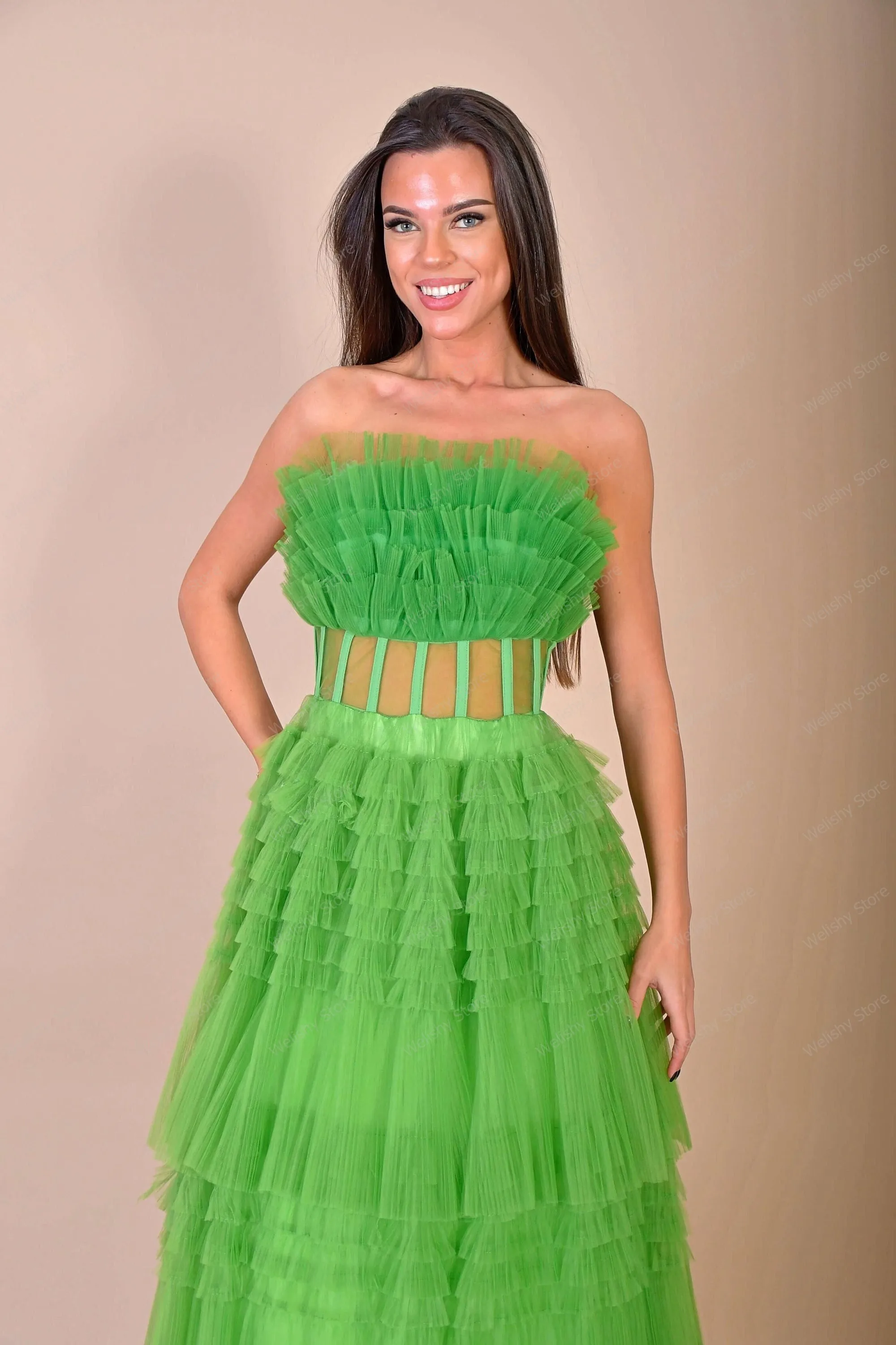 Green Strapless A Line Bridal Prom Dresses Tulle Pleated Ruffles Evening Gowns Floor Length Long Dinner Summer Party Dress