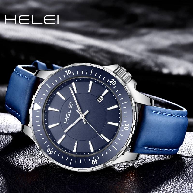 ساعة يد رجالية كوارتز جديدة من HELEI بحزام مضيء من الجلد الطبيعي #3