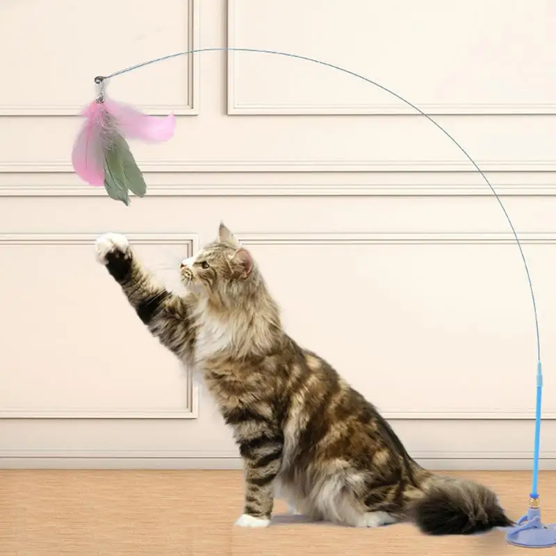 

Cat Toy Teasing Cat Stick Interactive Toys Kitten Playing Feathers Wand With Bell Suction Cup Toy Play With Cat Pet Accesorios