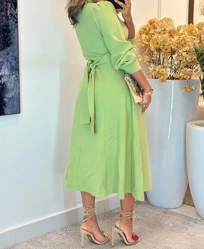 Urban Midi-Kleid für Damen, Flip-Kragen, Blasenärmel, Schnürdetail, Hemdkleid für Damen, elegantes, lässiges A-Linien-Hemdkleid mit Knöpfen