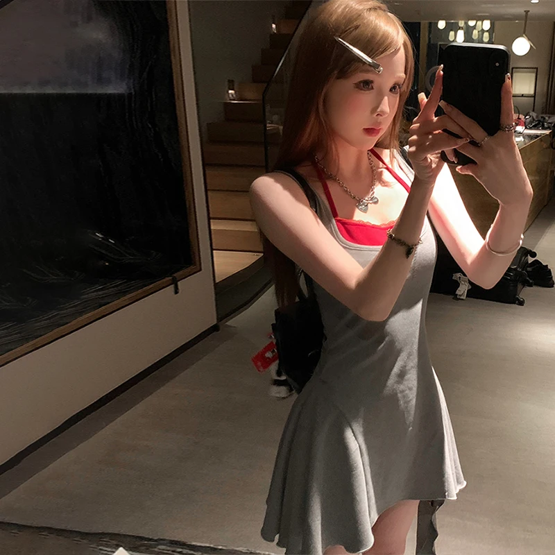 Women Irregular Sleeveless Fake Two-piece Color-block Casual Mini Dress