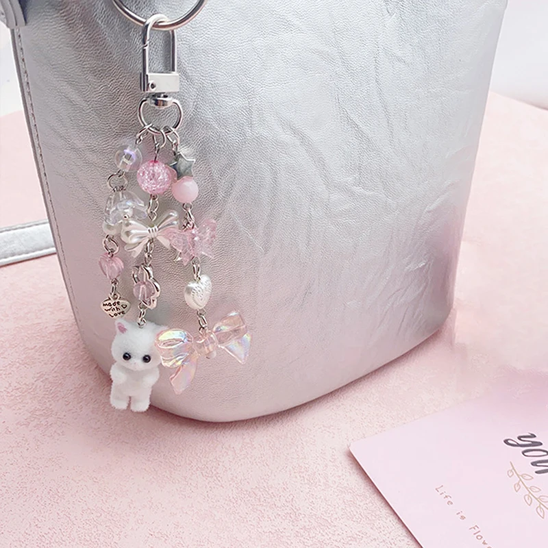 Cartoon Flocking Cat Pendant Keychain Y2k Heart Bow Shaped Key Ring For Women Girls Cute Camera Bag Pendant Decoration Gifts