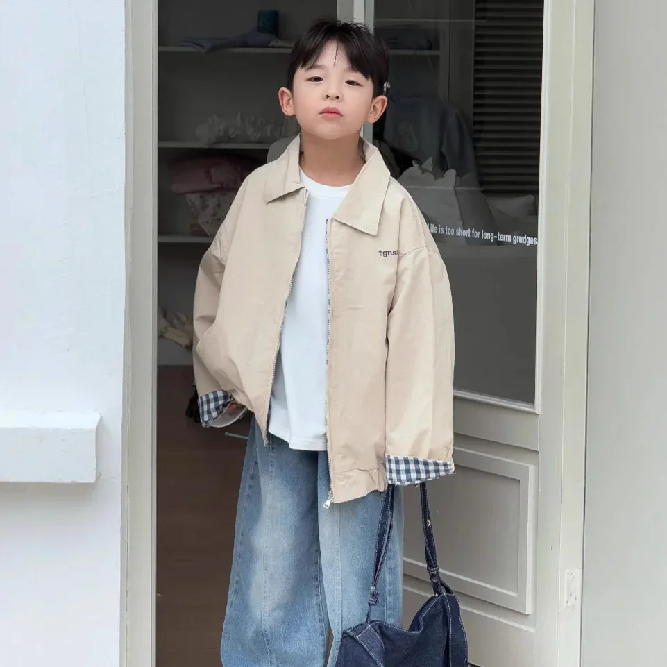 

2025 Spring New Small and Medium Sized Boys' Korean Clothing Blue Checkered Two Sided Washed Cotton Short Jacket Coat