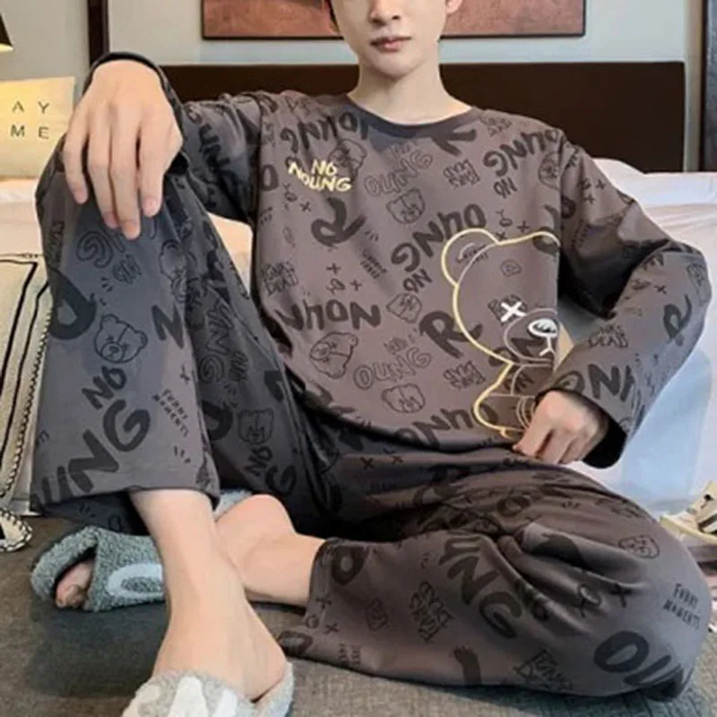 

Men Two-Piece Set Autumn Winter Women Pajamas Men Long-Sleeved Cartoon Letters Bear Pullover Sleepwear Ladies Big Size Homewear