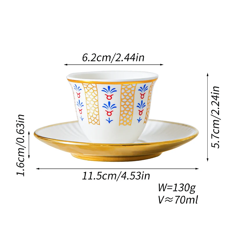 6Pcs European Retro Golden Rim Ceramic Coffee Cup Saucer Set Vintage Printed Porcelain Tea Cups for Home Afternoon Tableware