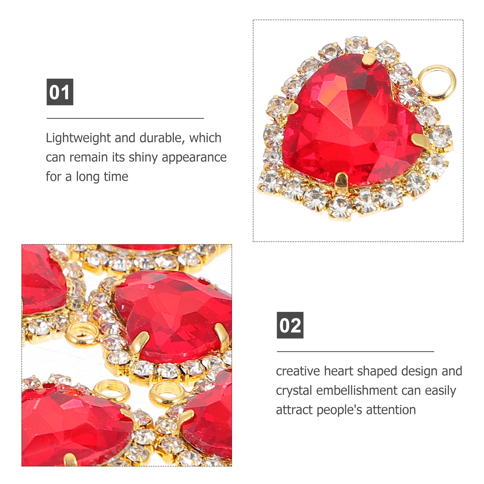 

10 Pcs Love Crystal Buckle Heart Dangle Pendants Shape for Rope Chain Red Charms Crafts Stone