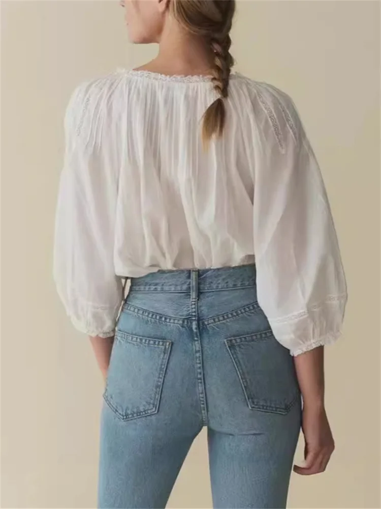 Lace Stitching Women Shirt Single-Breasted Elegant Cotton Hollow Out Ladies White Blouse Tops for 2024 Spring Summer New