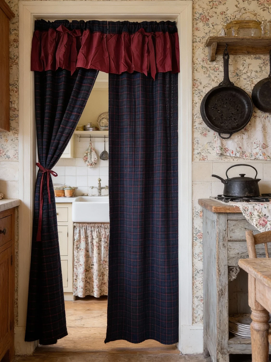 Thickened Plaid Door Curtain Small Window Curtain British Style Deep Red Allegory No Punching Required Rod Included Home Decor