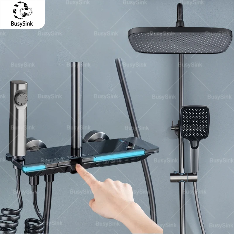 

Gray Intelligent Shower System Set Household Ambient lighting Digital Display Piano Keys Hot and Cold Pressurize Shower Set
