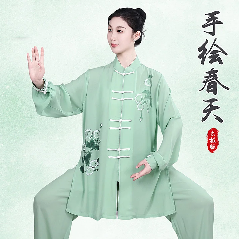 Women's Tai Chi Suit Sheer Sleeve Silver-Threaded Martial Arts Training & Morning Exercise Wear Group Competition Performance Ou