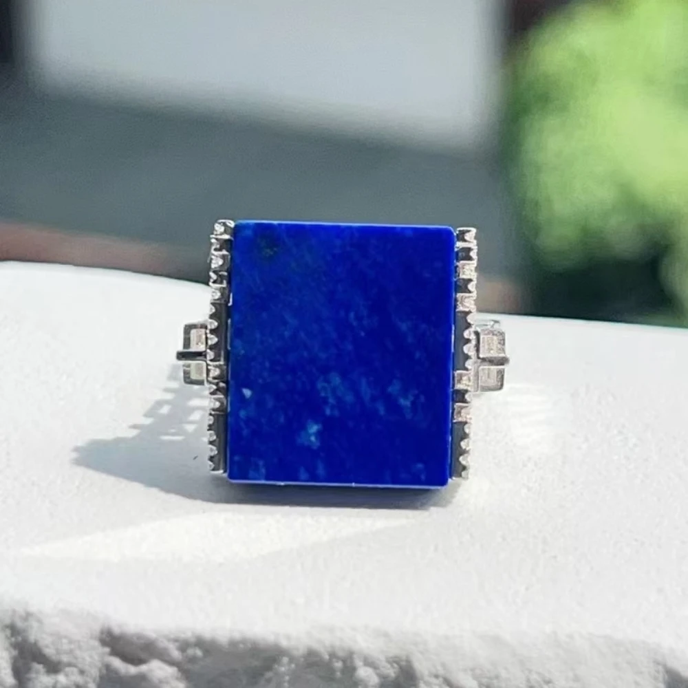 Real Solid 925 Sterling Silver Band Lapis Lazuli Square Women Lucky Characters Ring  US Size 7