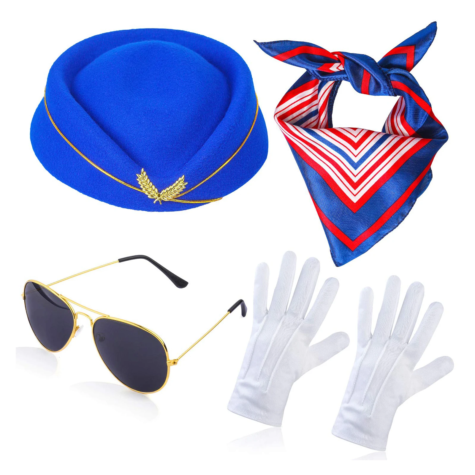 Women\'s Stewardess Costume Accessories Air Hostess Costume Accessories Flight Attendant Hat Sunglasses Scarf Gloves