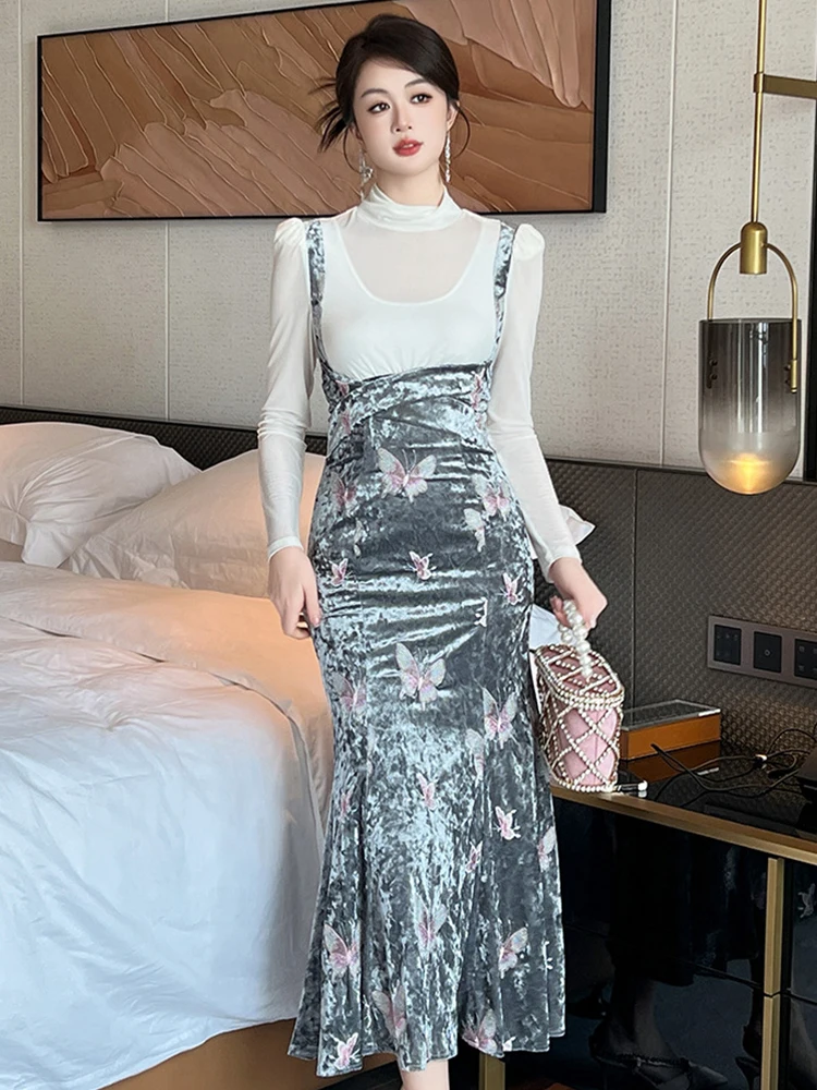 

Women's French Syle Fake 2 Piece Velvet Dress Ladies Elegant Butterfly Embroidery Long Sleeve Fishtail Robe Party Prom Vestidos