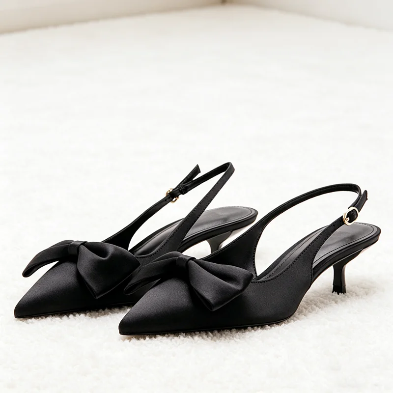 High Quality Black Satin Women Pumps Sexy Pointed Toe Bow Detail Slingback High Heels for Ladies Elegant Women Shoes Tacones