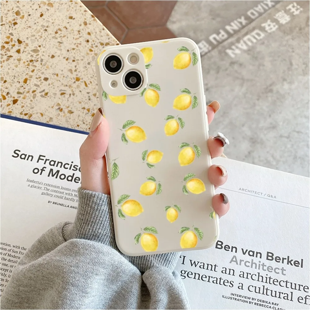 Summer Green Leaves Fruit Lemon Peach Phone Case For Iphone 11 13 14 Pro Max X Xr Xs Max Se2020 12mini White Cover Case image 3