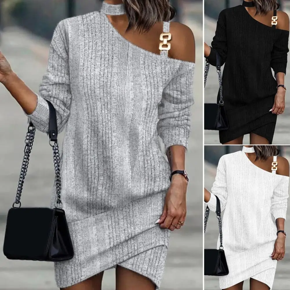 

Women Fall Winter Mini Dress Women One-Shoulder Oblique Neck Slim Fashion Elegant Pullover Patchwork Y2k Dress Female Mini Dress