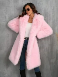 Winter Coats for Women 2024 Luxury Thick Warm Long Pink Faux Fur Coat Vintage Lapel Oversize Fluffy Fur Jacket New in Outerwears