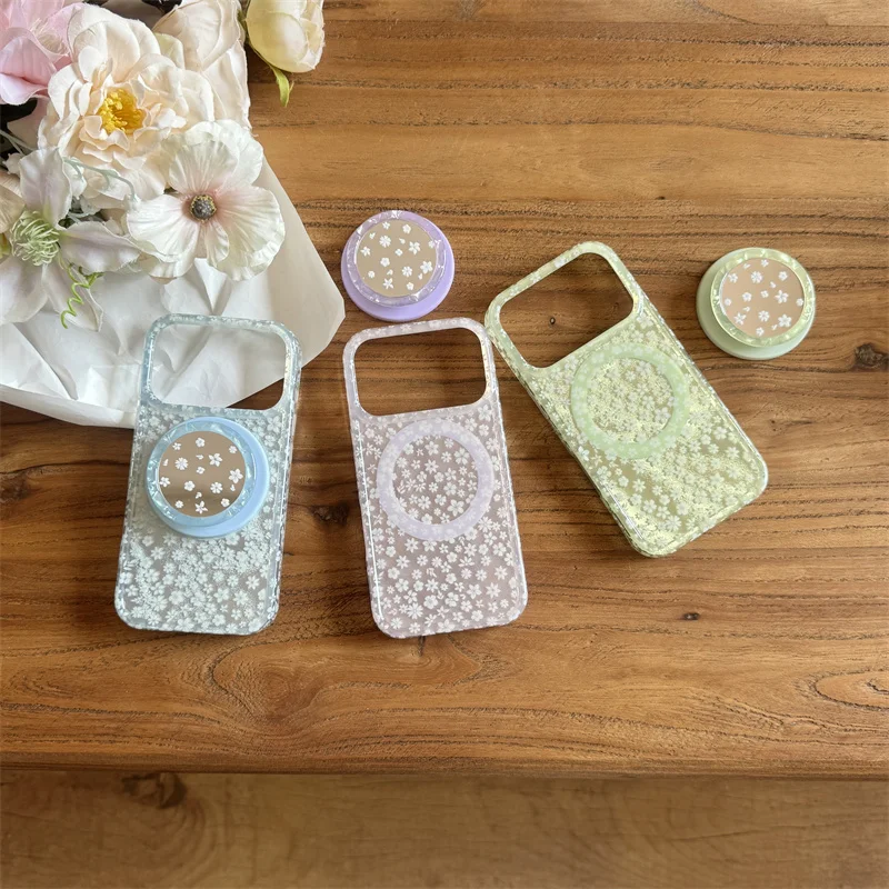 

Shockproof Phone Case For iPhone 14 15 16 17 Pro Max Floral Print For MagSafe With Floral Pop Socket Large Window Cover 3 Colors