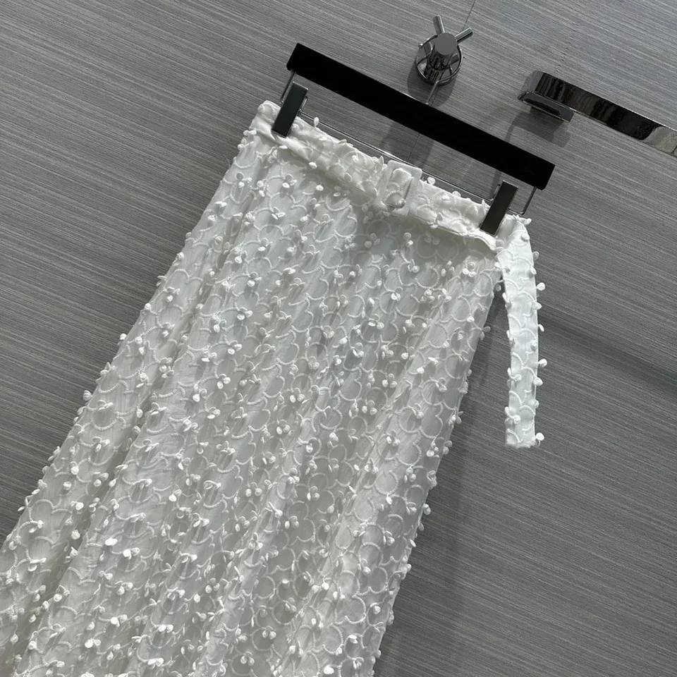 High quality 2024 spring sweet princess embroidery 3D white long skirt belt swinging skirt