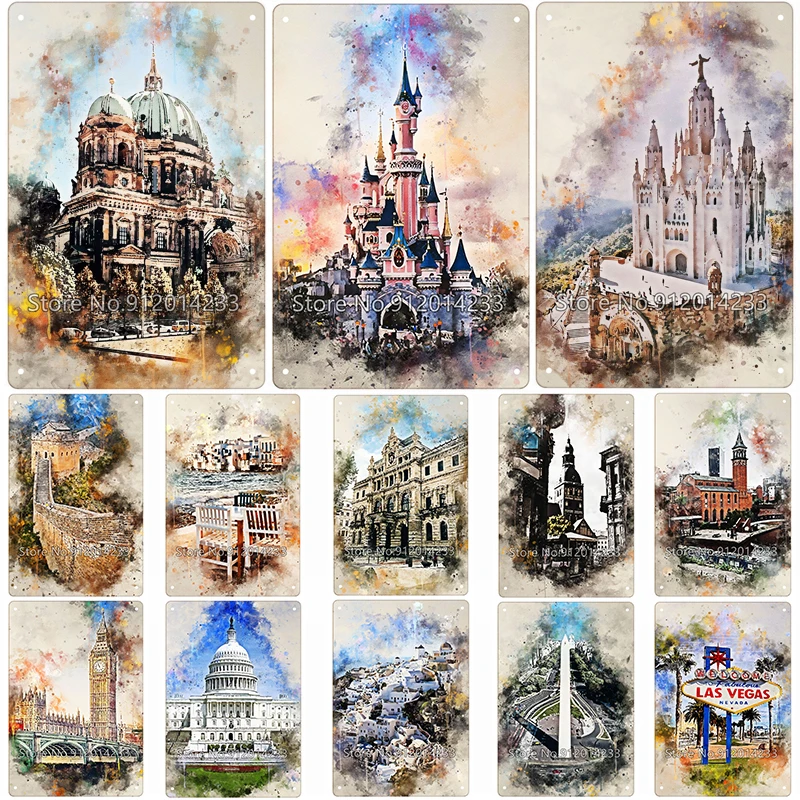 Disneyland Vintage Plaque Disney Castle Metal Tin Sign Famous Architecture Watercolor Decorative Plate for Cafe Club Bar Decor