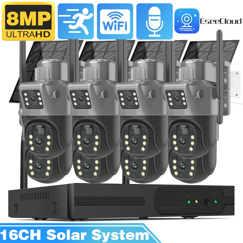 

8MP 16CH WIFI NVR Wireless Security Dual Lens Solar PTZ Cameras Kit Outdoor PIR Detection IP Camera Surveillance CCTV System Set