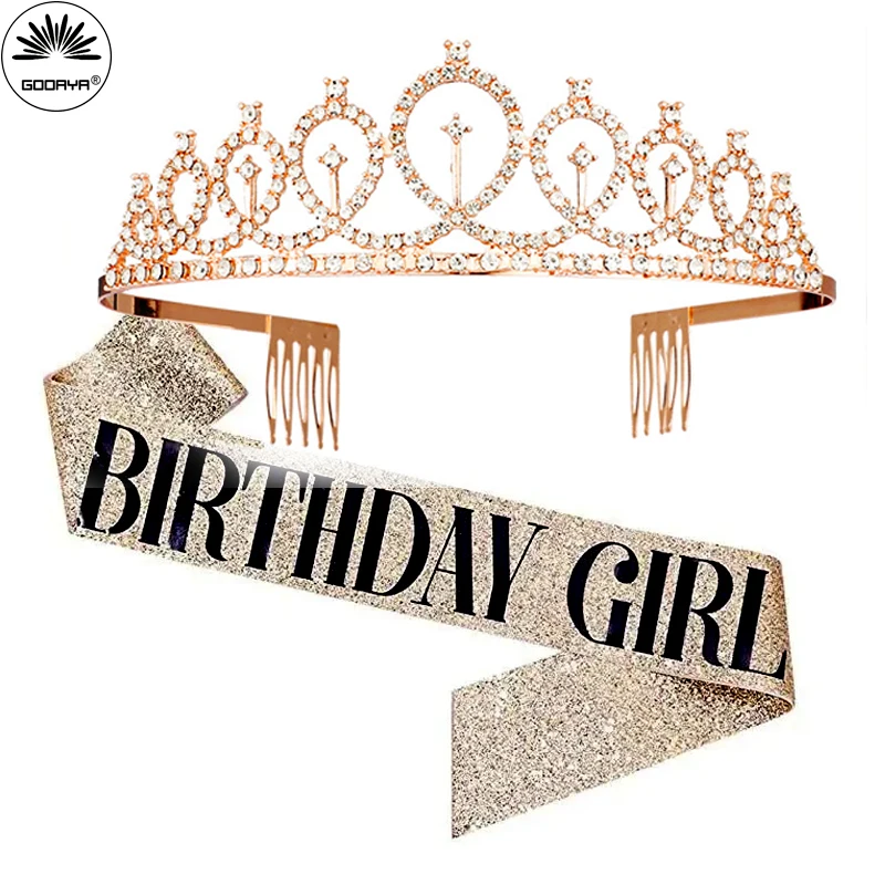Tiara de corona de cristal con diamantes de imitación ostentosos, decoración de aniversario de cumpleaños, feliz 18 21 30 40 50 cumpleaños, faja de satén, suministros para fiesta