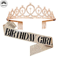 Bling Rhinestone Crystal Crown Tiara Birthday Anniversary Decoration Happy 18 21 30 40 50th Birthday Satin Sash Party Supplies