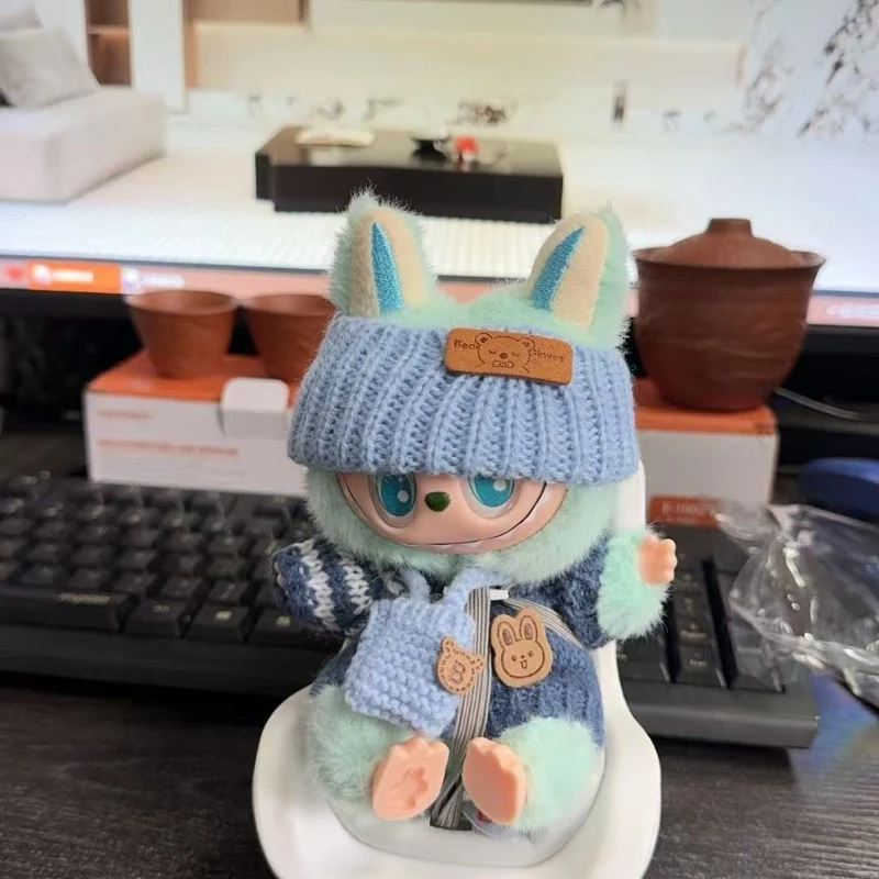 15-17cm v1v2 라부부 옷 세트 라부부 앉아있는 파티 베어 라벨 스카프 모자 가방 인형 액세서리 귀여운 장식