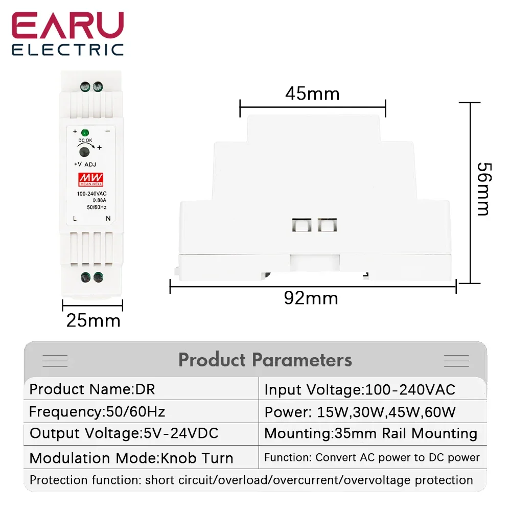 DR-15 Industrial DIN Rail Switching Power Supply 15W Input AC 100-240V Single Output DC 12V 24V Overload Protection Transformer