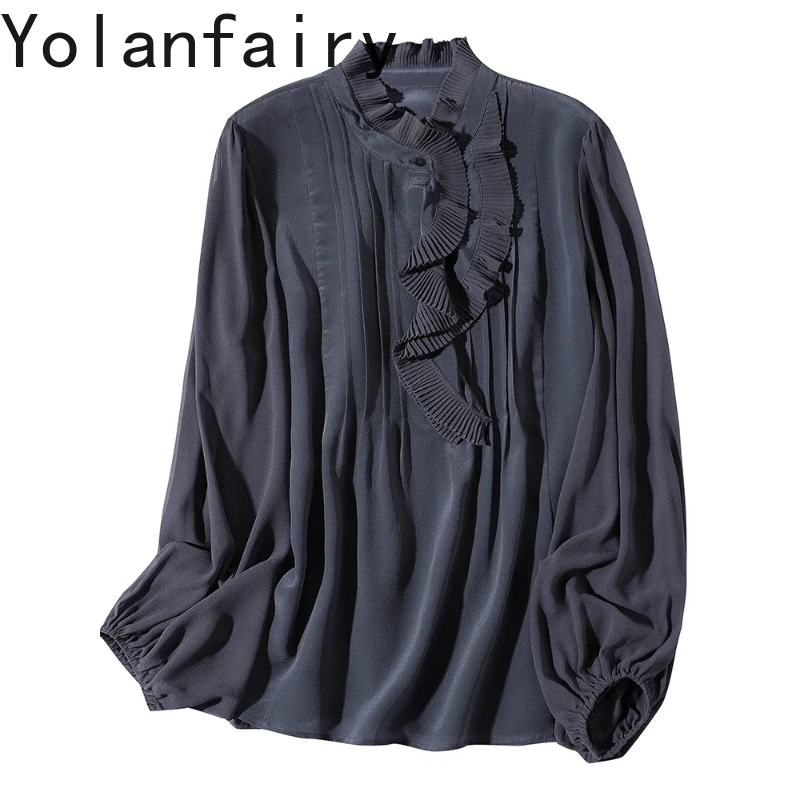 

YOLANFAIRY 100% Real Mulberry Silk Shirts for Woman Early Autumn Light Luxury Ruffled Top Elegant Long Sleeve Shirts Women Shirt