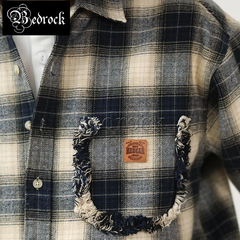 MBBCAR Vintage Plaid Shirt For Men One Washed Distressed Loose Shirt Jacket Fake Pocket Decoration Work Overshirt