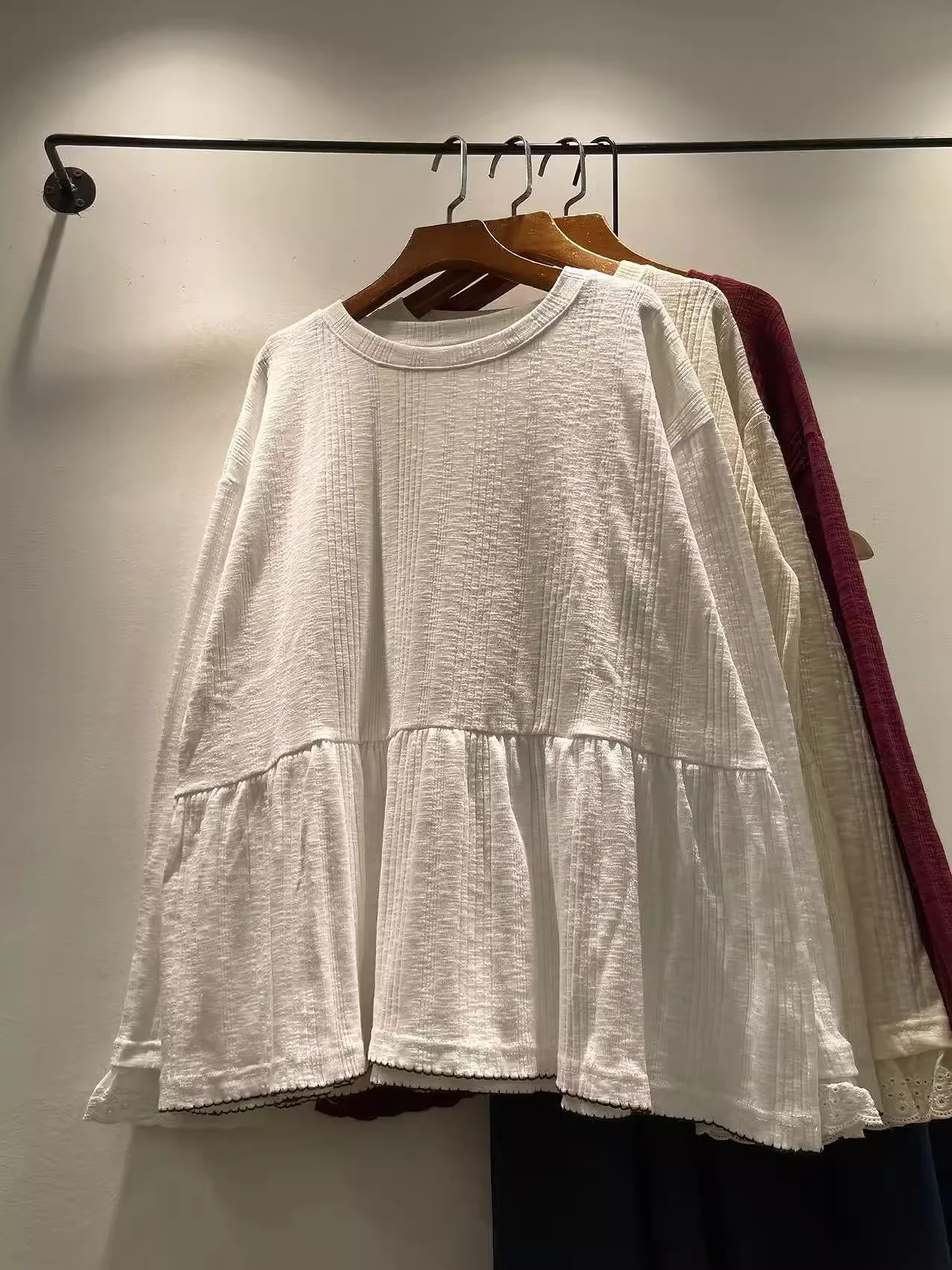 

Japanese Mori Girl Long Sleeve T Shirt for Women Autumn Winter 100% Cotton Pink Gray Red Beige Solid Base Shirts