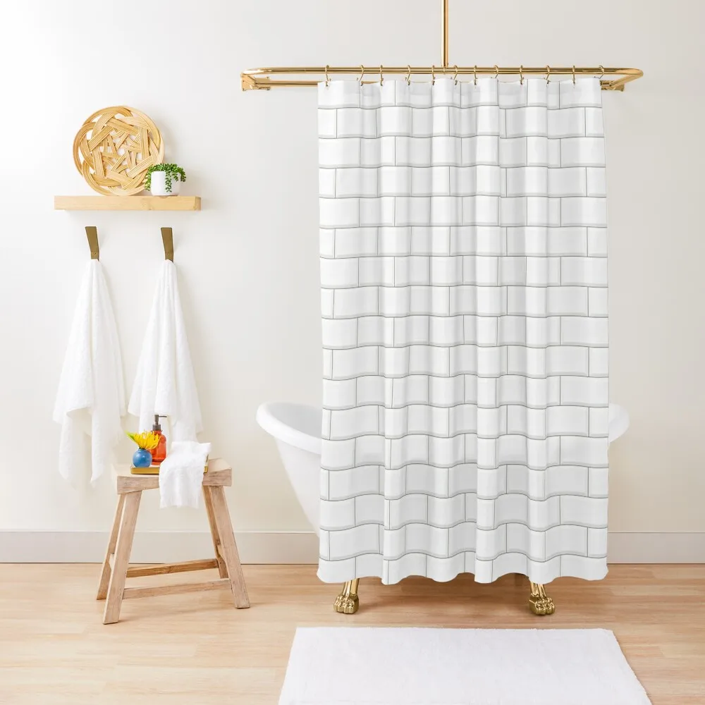 

White Metro Tile 3D Effect Shower Curtain Bathroom Decor Waterproof Shower And Anti-Mold Curtain