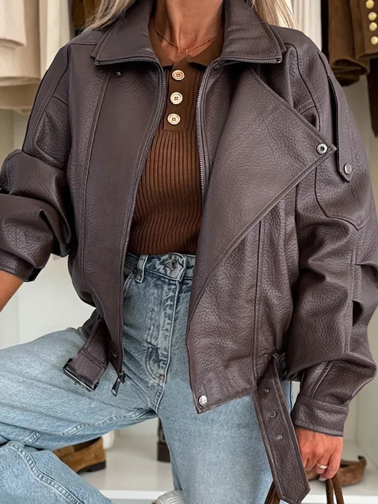

Autumn Winter New Pure Color PU Leather Coat Spicy Girl Locomotive Long Sleeve Jacket Fashion Lapel Zipper Commute Retro Outwear