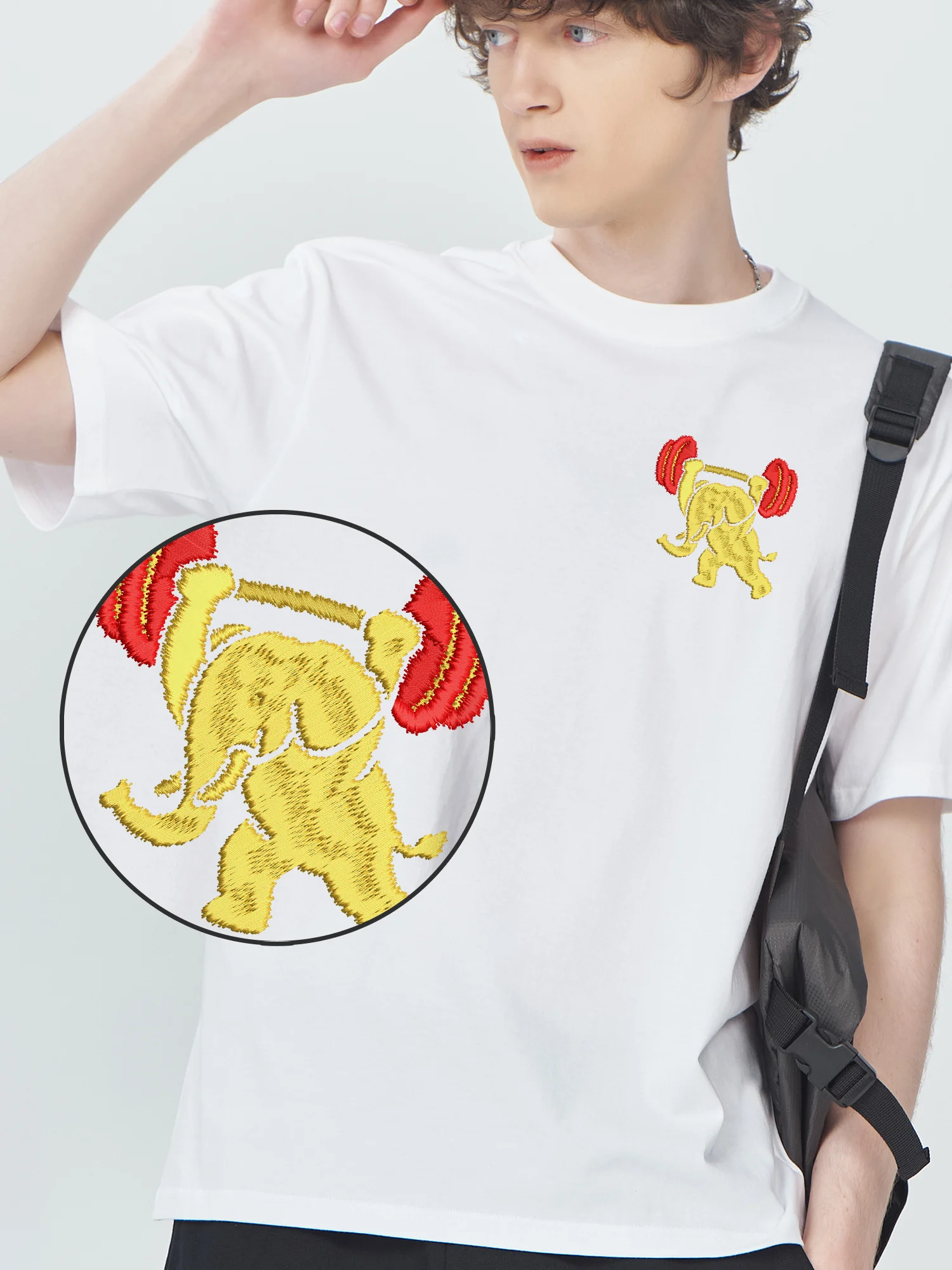 Elephant Weightlifting Embroidered T-Shirt Unisex Women Men Cotton Comfortable Embroidery Short Sleeve Couple Summer Tops