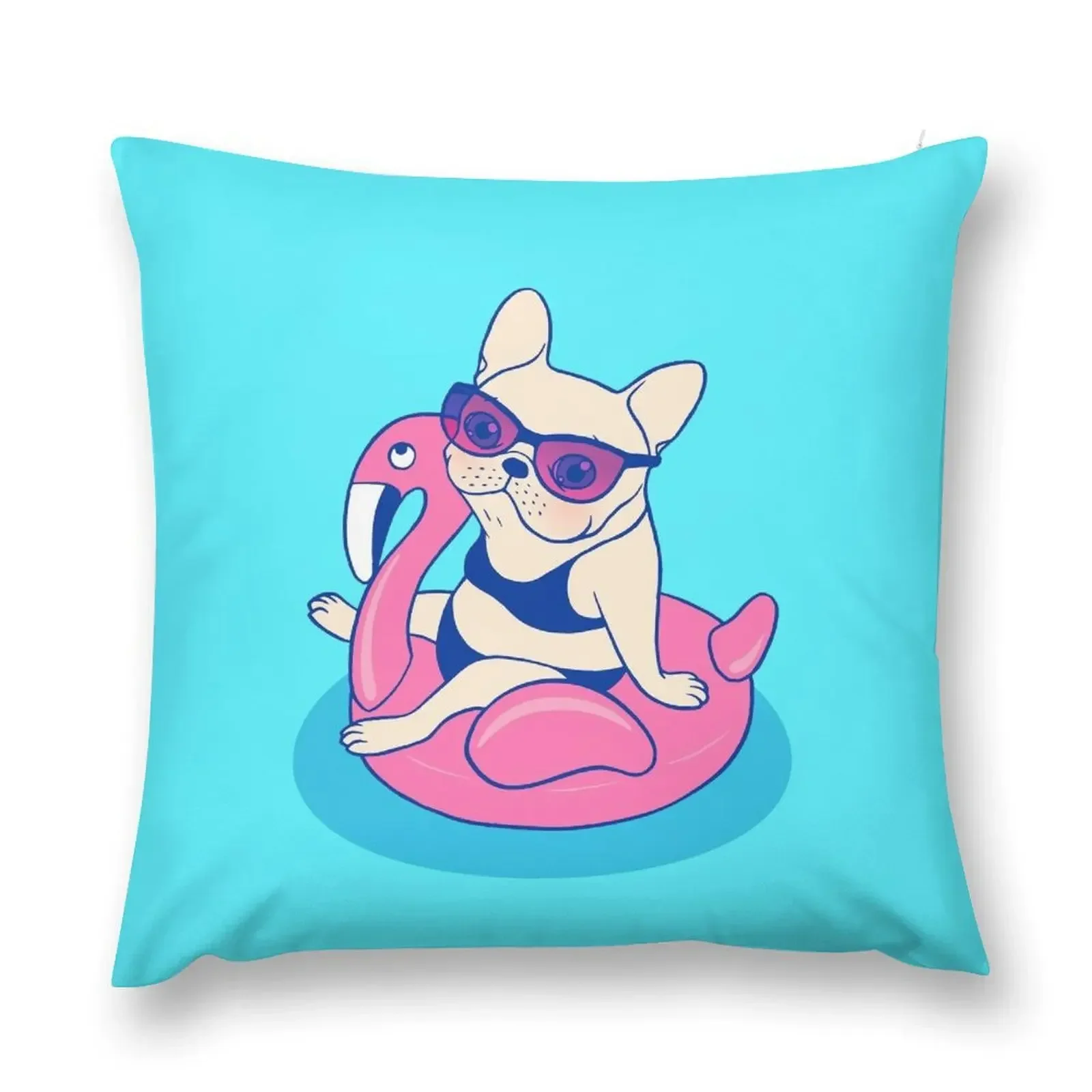 

Frenchie enjoys Summer on Flamingo Pool Float in swimming pool Throw Pillow Throw Pillow Cushions For Sofa New year pillow