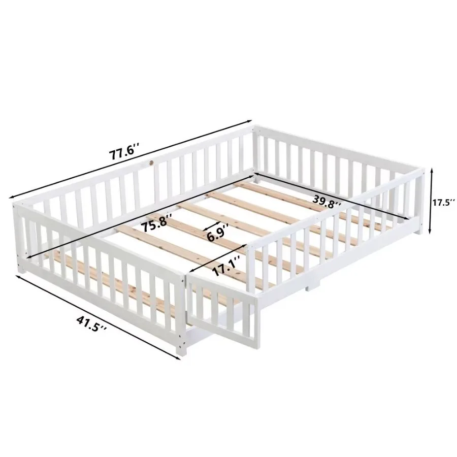 

Twin Size Floor Bed With Door Solid Wood Platform Bed Frame With Fence Suitable For Pine Wood