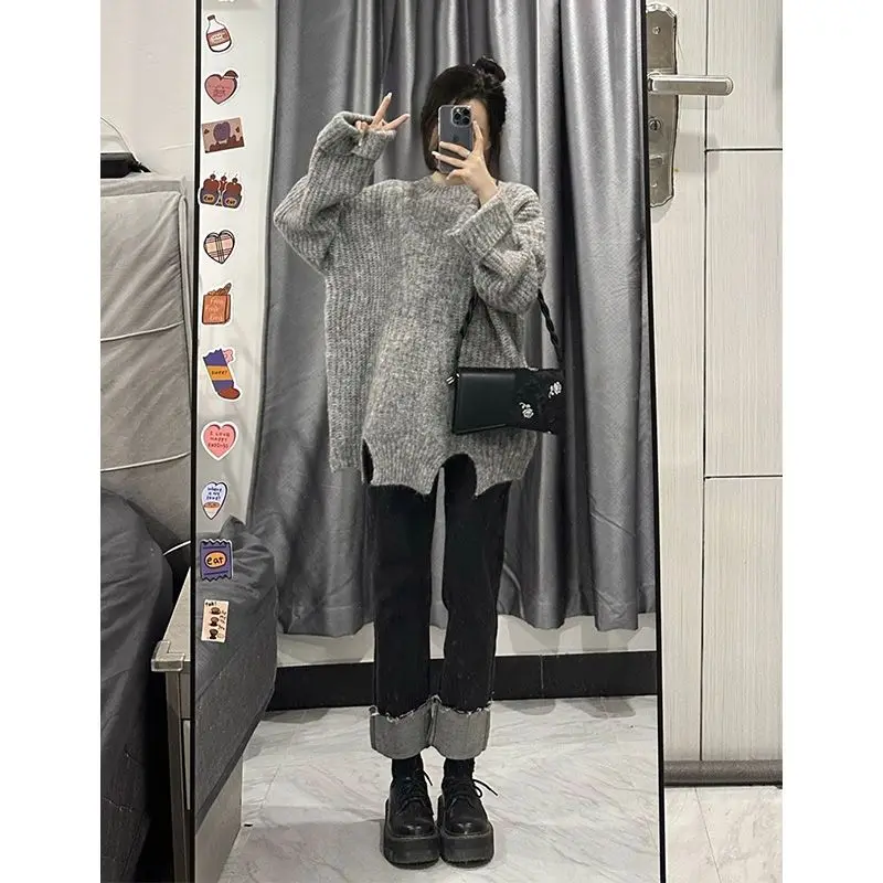 

Women Spring Autumn 2023 New Korean Vintage Suits Knitted Pullover Sweater+ High Waist Flare Pants Two Piece Set Tops S03