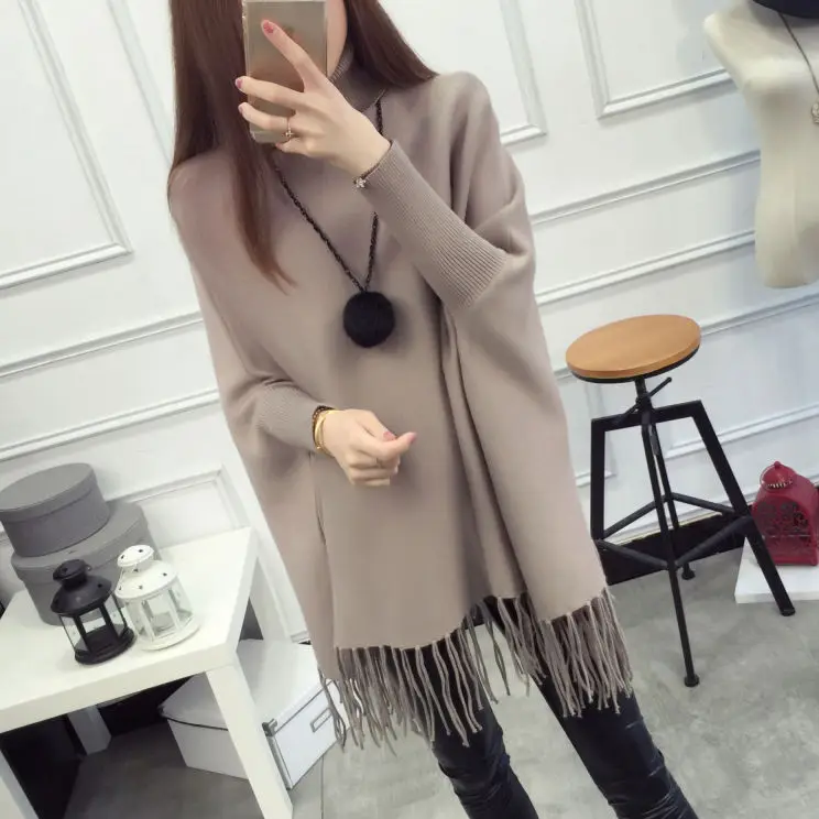 Korean Loose Fit Autumn and Winter New French College Cape Women Mid-length Poncho Warps Woolen Tassel Solid Female Coat T326